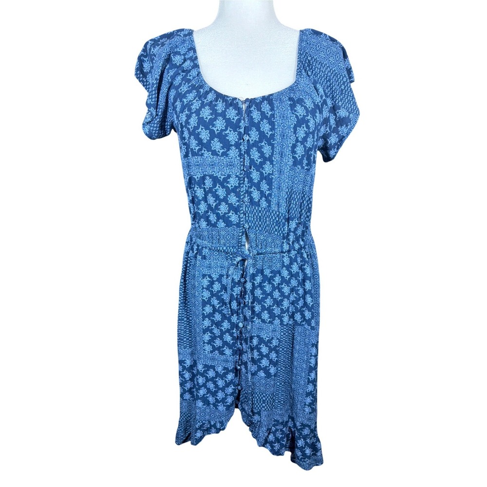 American Rag Cie Blue Patchwork Floral Button Front Ruffle Hem Dress Mens M